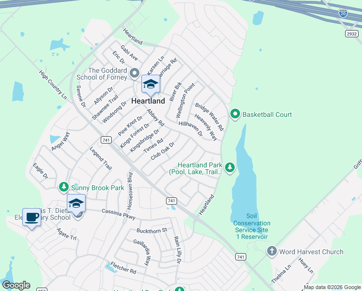 map of restaurants, bars, coffee shops, grocery stores, and more near 2046 Club Oak Drive in Forney