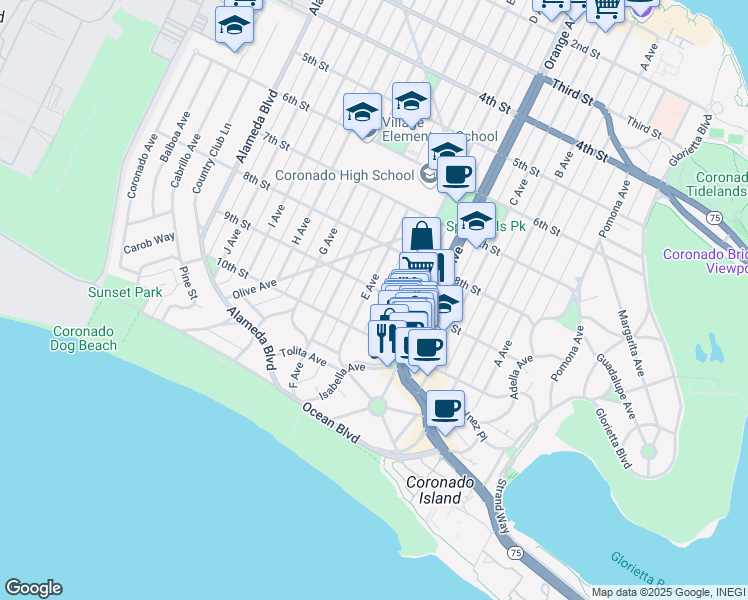 map of restaurants, bars, coffee shops, grocery stores, and more near 911 E Avenue in Coronado