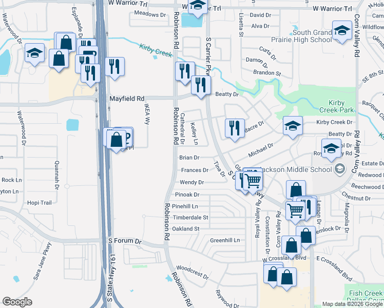 map of restaurants, bars, coffee shops, grocery stores, and more near 838 Brian Drive in Grand Prairie