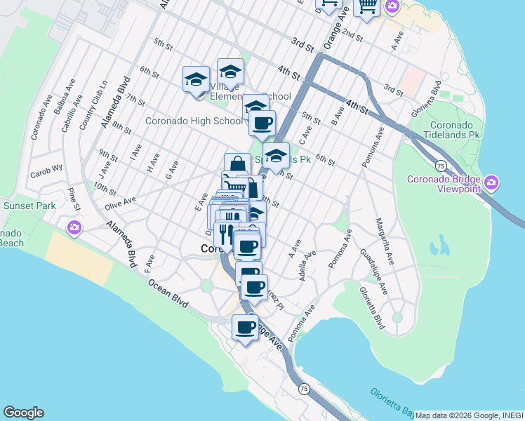 map of restaurants, bars, coffee shops, grocery stores, and more near 830 C Avenue in Coronado