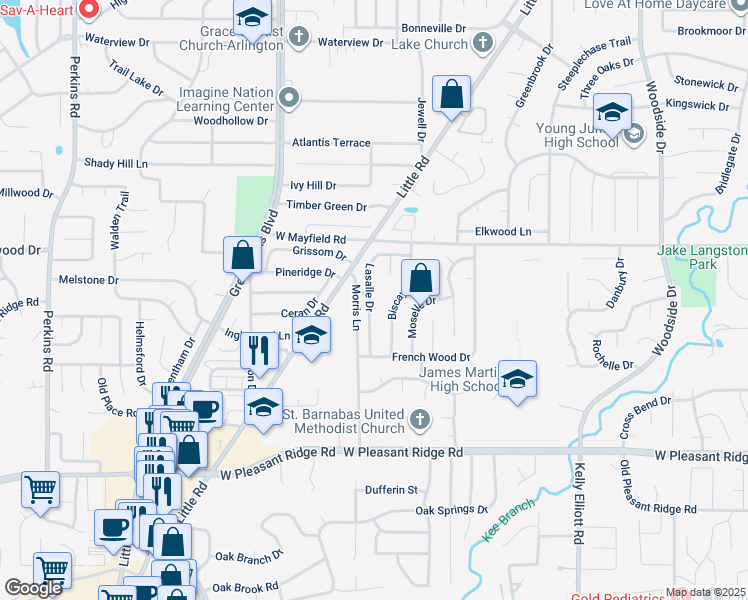 map of restaurants, bars, coffee shops, grocery stores, and more near 5104 Burgundy Court in Arlington