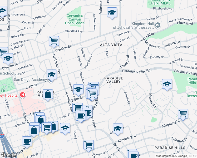map of restaurants, bars, coffee shops, grocery stores, and more near 3629 East 8th Street in National City