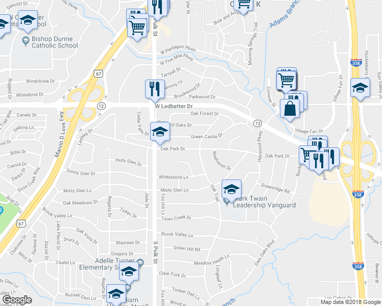 map of restaurants, bars, coffee shops, grocery stores, and more near 916 Oak Park Drive in Dallas