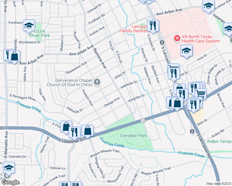 map of restaurants, bars, coffee shops, grocery stores, and more near 1538 Adelaide Drive in Dallas
