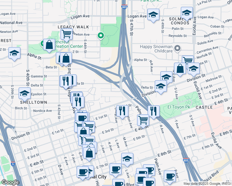 map of restaurants, bars, coffee shops, grocery stores, and more near 1340 Scott Drive in National City