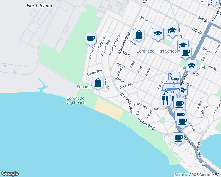 map of restaurants, bars, coffee shops, grocery stores, and more near 1101 Pine Street in Coronado