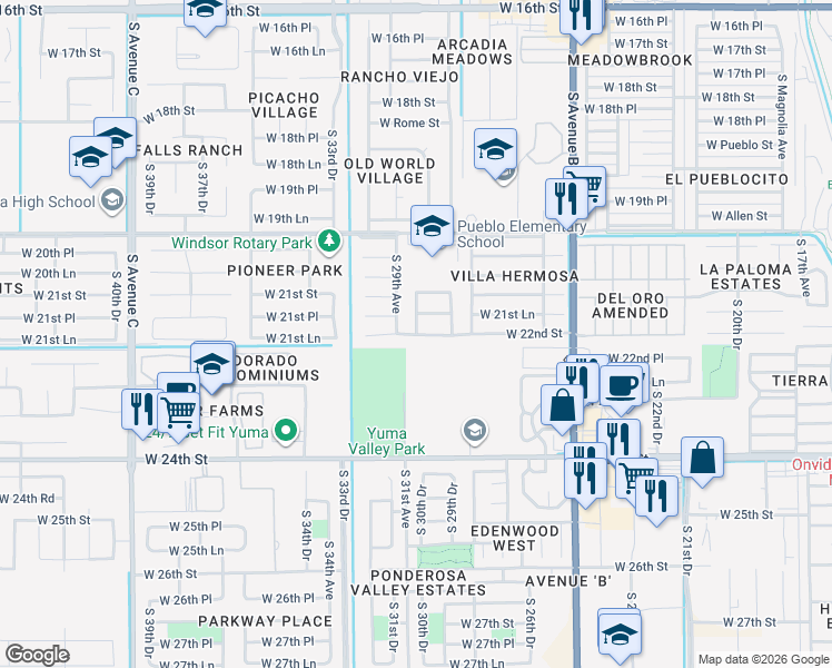 map of restaurants, bars, coffee shops, grocery stores, and more near 2798 West 22nd Street in Yuma