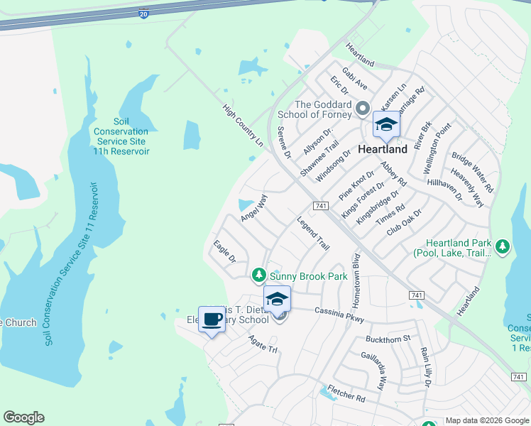 map of restaurants, bars, coffee shops, grocery stores, and more near 4021 Freedom Street in Forney