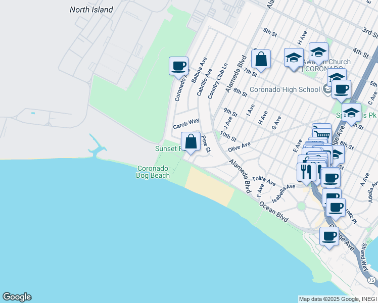 map of restaurants, bars, coffee shops, grocery stores, and more near 201 Ocean Drive in Coronado
