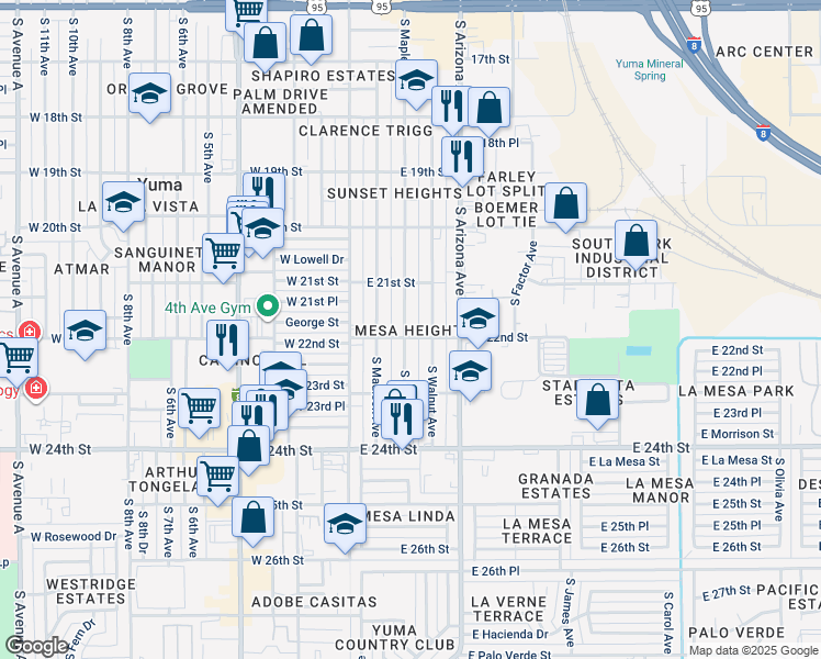 map of restaurants, bars, coffee shops, grocery stores, and more near 2175 South Maple Avenue in Yuma