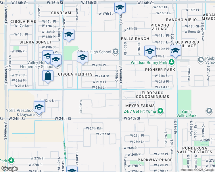 map of restaurants, bars, coffee shops, grocery stores, and more near 4096 West 21st Lane in Yuma