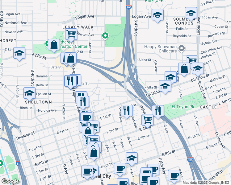 map of restaurants, bars, coffee shops, grocery stores, and more near 1340 Scott Drive in National City