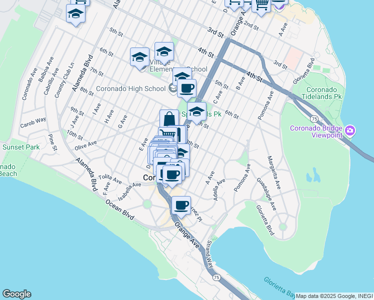 map of restaurants, bars, coffee shops, grocery stores, and more near 801 C Avenue in Coronado