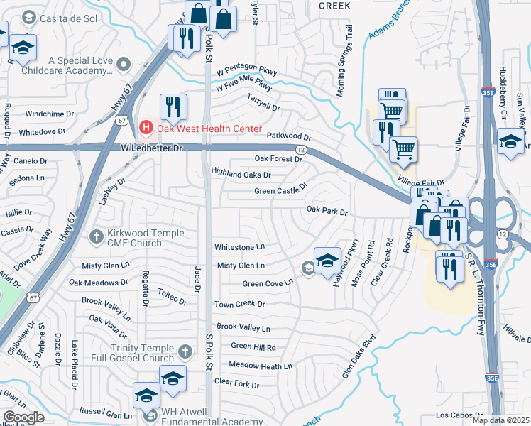 map of restaurants, bars, coffee shops, grocery stores, and more near 916 Oak Park Drive in Dallas