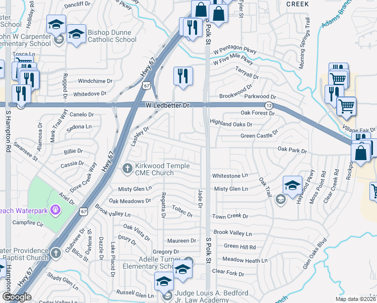 map of restaurants, bars, coffee shops, grocery stores, and more near 1126 Oak Park Drive in Dallas