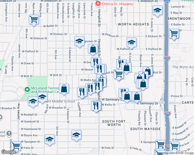 map of restaurants, bars, coffee shops, grocery stores, and more near 4112 Hemphill Street in Fort Worth