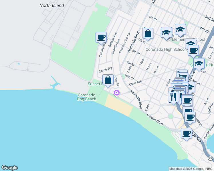 map of restaurants, bars, coffee shops, grocery stores, and more near 201 Ocean Drive in Coronado