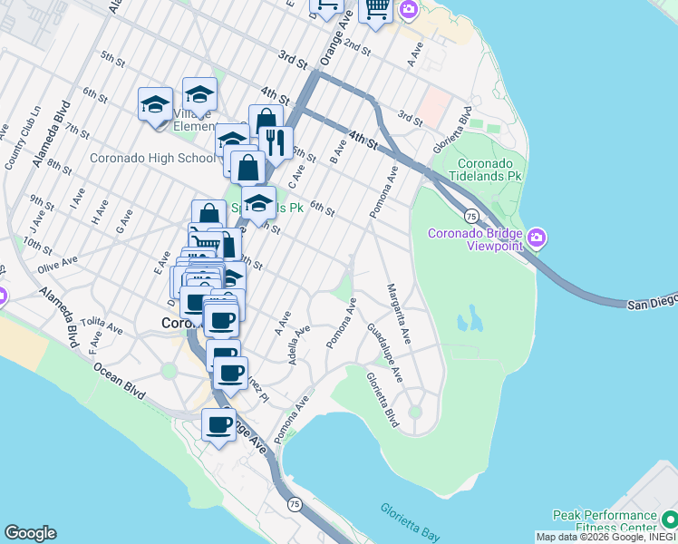 map of restaurants, bars, coffee shops, grocery stores, and more near 710 Adella Avenue in Coronado