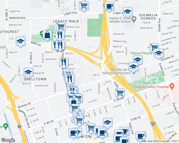 map of restaurants, bars, coffee shops, grocery stores, and more near 1226 Scott Drive in National City
