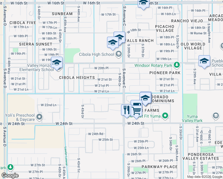 map of restaurants, bars, coffee shops, grocery stores, and more near 4096 West 21st Lane in Yuma