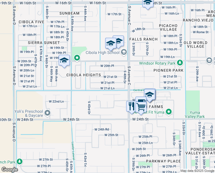 map of restaurants, bars, coffee shops, grocery stores, and more near 4192 West 21st Lane in Yuma