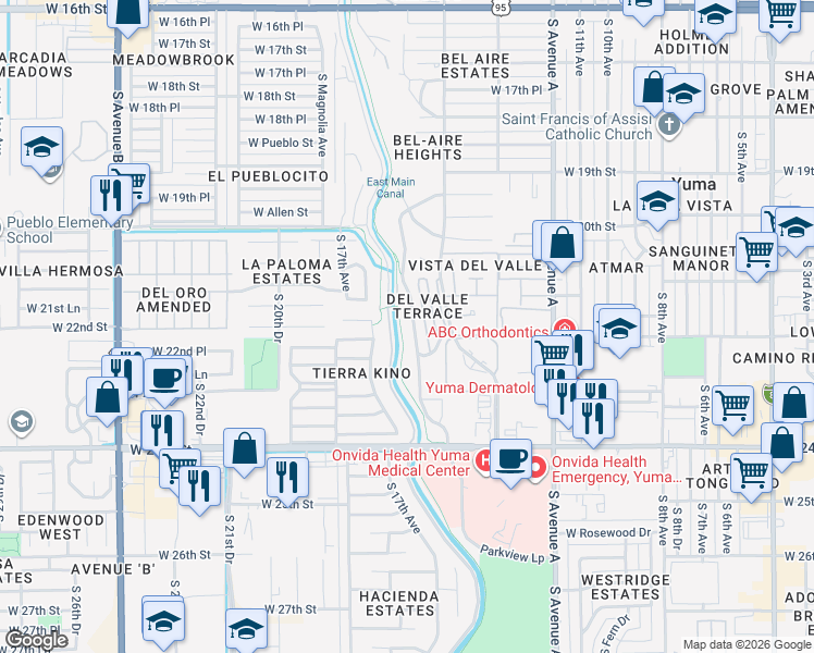 map of restaurants, bars, coffee shops, grocery stores, and more near 2178 Ridgeview Drive in Yuma