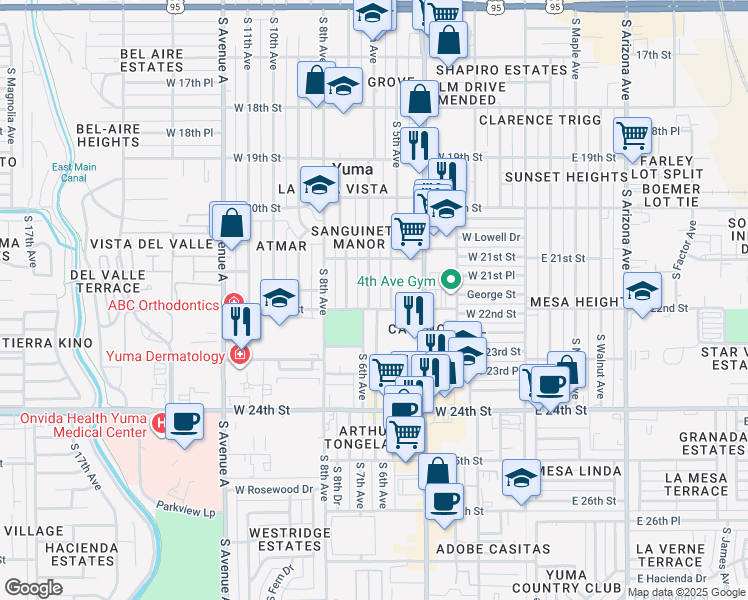 map of restaurants, bars, coffee shops, grocery stores, and more near 2183 South 6th Avenue in Yuma