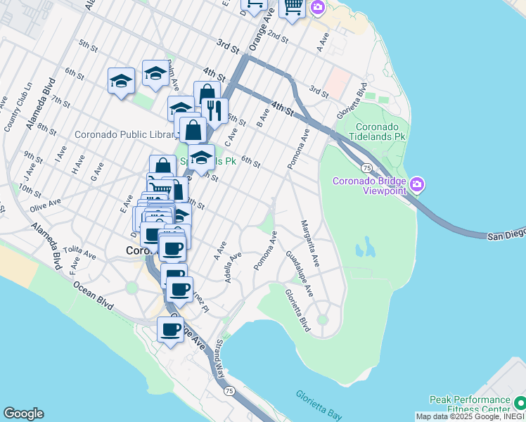 map of restaurants, bars, coffee shops, grocery stores, and more near 710 Adella Avenue in Coronado