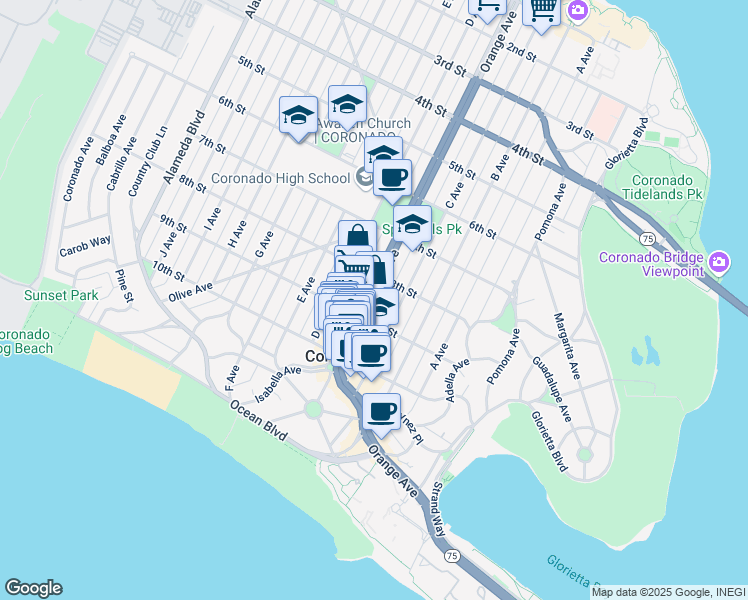 map of restaurants, bars, coffee shops, grocery stores, and more near 841 Orange Avenue in Coronado