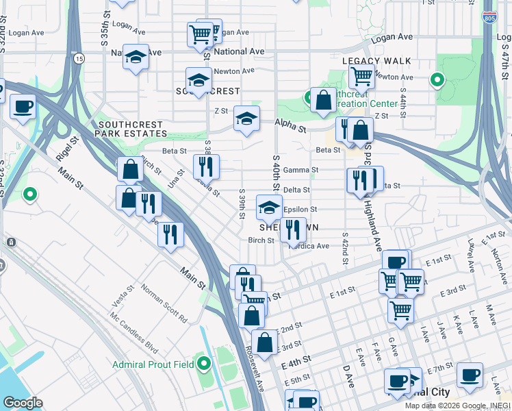 map of restaurants, bars, coffee shops, grocery stores, and more near 3934 Epsilon Street in San Diego