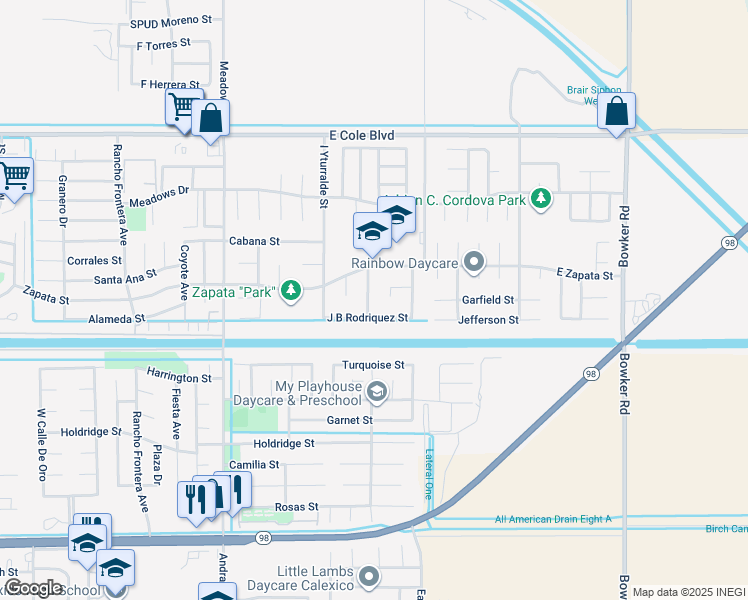 map of restaurants, bars, coffee shops, grocery stores, and more near 1918 East Medina Street in Calexico