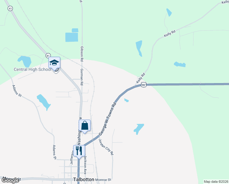 map of restaurants, bars, coffee shops, grocery stores, and more near George W Towns Avenue in Talbotton