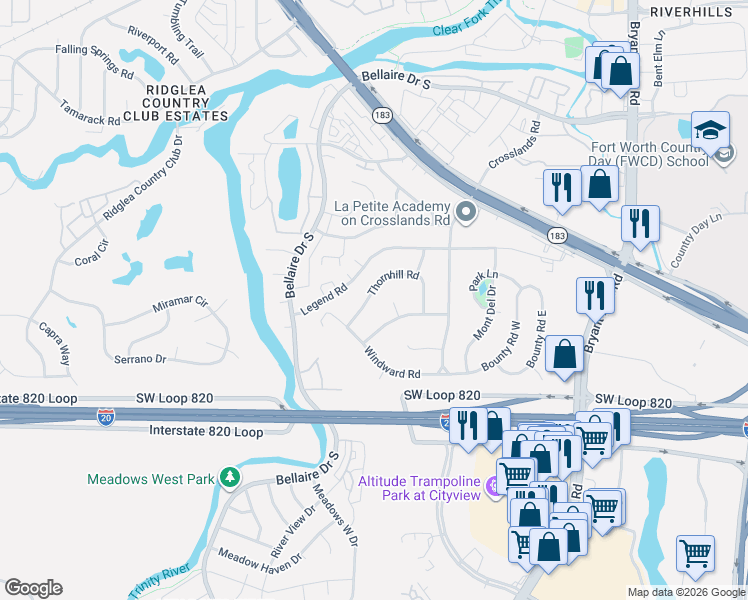 map of restaurants, bars, coffee shops, grocery stores, and more near 21 Thornhill Road in Benbrook