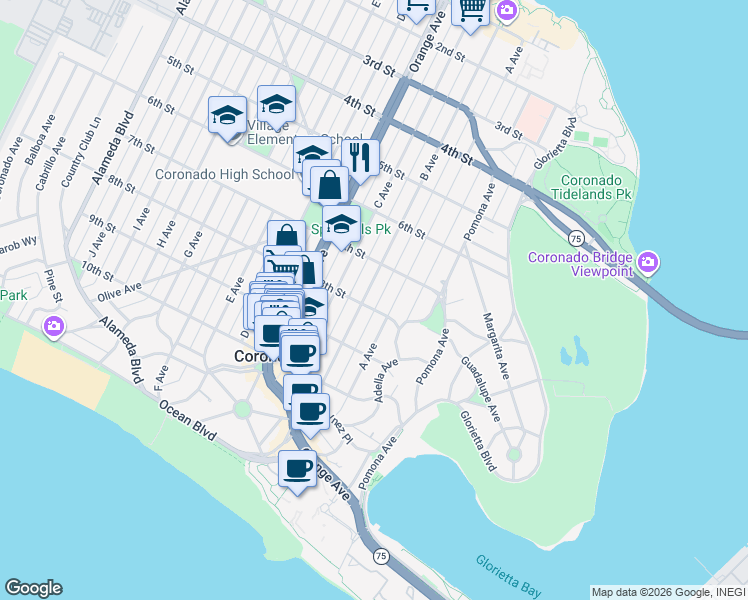 map of restaurants, bars, coffee shops, grocery stores, and more near 767 B Avenue in Coronado