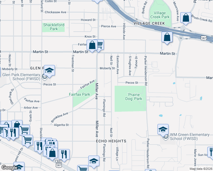 map of restaurants, bars, coffee shops, grocery stores, and more near 5001 Flamingo Road in Fort Worth