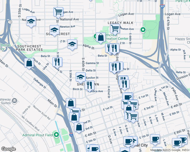 map of restaurants, bars, coffee shops, grocery stores, and more near 4096 Epsilon Street in San Diego