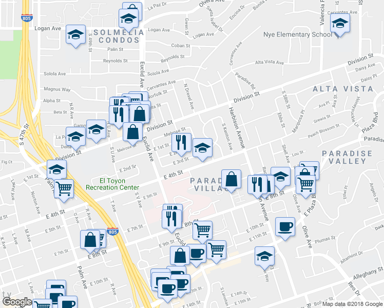 map of restaurants, bars, coffee shops, grocery stores, and more near 2709 East 3rd Street in National City