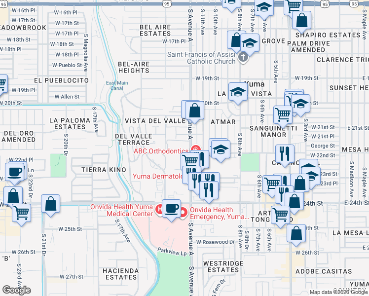 map of restaurants, bars, coffee shops, grocery stores, and more near 2150 South Avenue A in Yuma