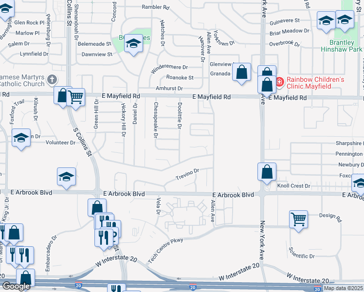 map of restaurants, bars, coffee shops, grocery stores, and more near 3601 Doolittle Drive in Arlington