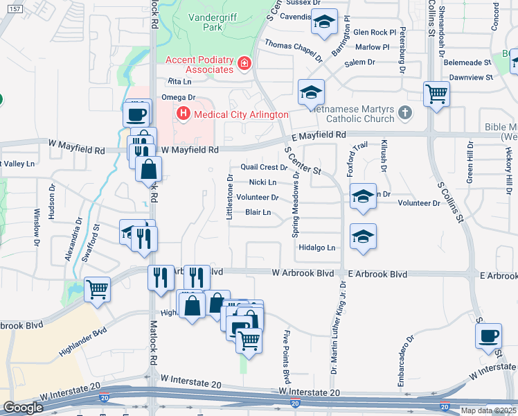 map of restaurants, bars, coffee shops, grocery stores, and more near 221 Blair Lane in Arlington