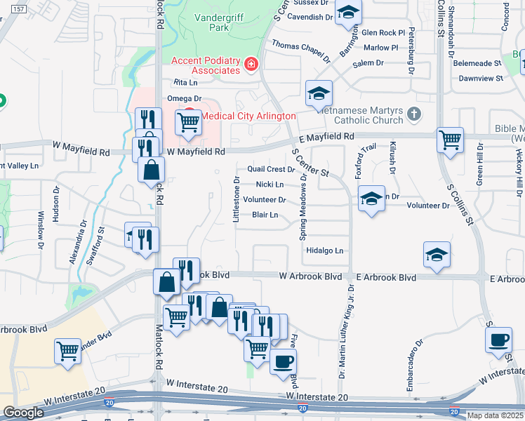 map of restaurants, bars, coffee shops, grocery stores, and more near 221 Blair Ln in Arlington