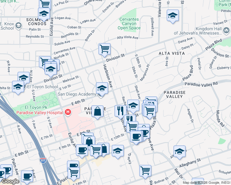 map of restaurants, bars, coffee shops, grocery stores, and more near 415 South Harbison Avenue in National City