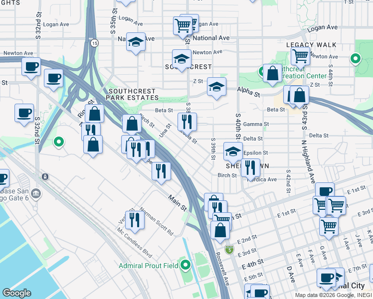 map of restaurants, bars, coffee shops, grocery stores, and more near 3808 Birch Street in San Diego