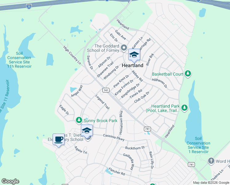 map of restaurants, bars, coffee shops, grocery stores, and more near 2012 Kings Forest Drive in Forney