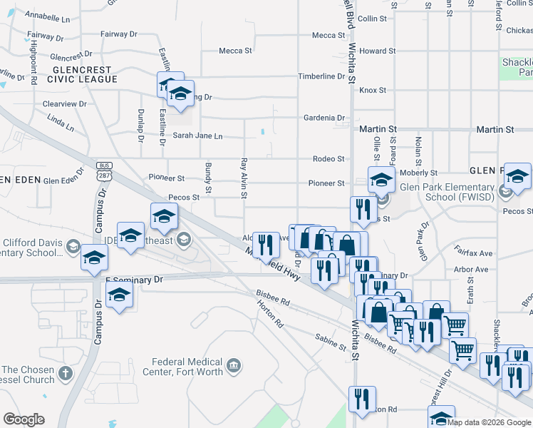 map of restaurants, bars, coffee shops, grocery stores, and more near 3044 Pecos St in Fort Worth
