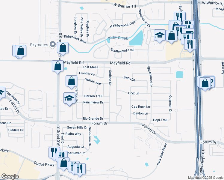 map of restaurants, bars, coffee shops, grocery stores, and more near 3412 Sedona Drive in Grand Prairie