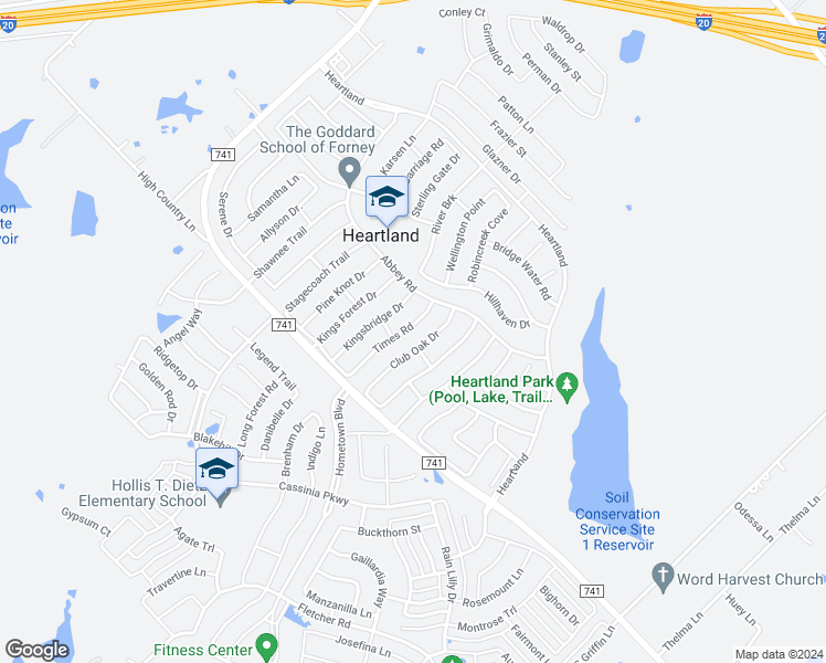 map of restaurants, bars, coffee shops, grocery stores, and more near 2036 Times Road in Forney