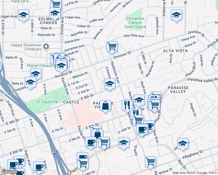 map of restaurants, bars, coffee shops, grocery stores, and more near 2933 East 4th Street in National City