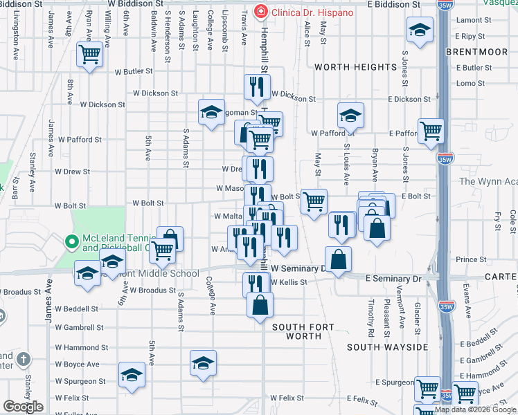 map of restaurants, bars, coffee shops, grocery stores, and more near 4112 Hemphill St in Fort Worth