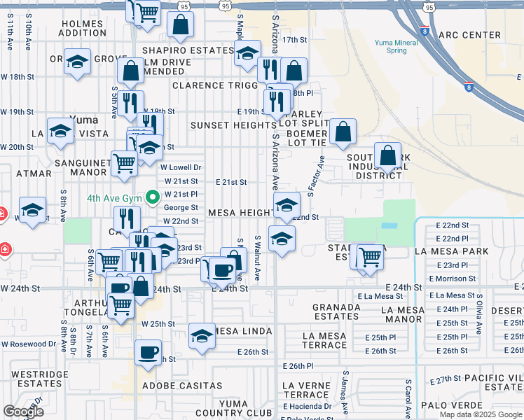 map of restaurants, bars, coffee shops, grocery stores, and more near 2172 South Arizona Avenue in Yuma